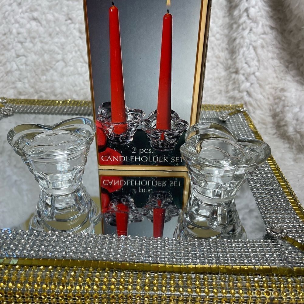 New in Boxset of 2 crystal candleholders, made in Italy